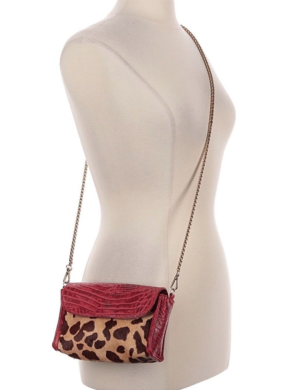 Leopard Haircalf Clutch Purse with Burgundy Croc Flap and Gold Chain